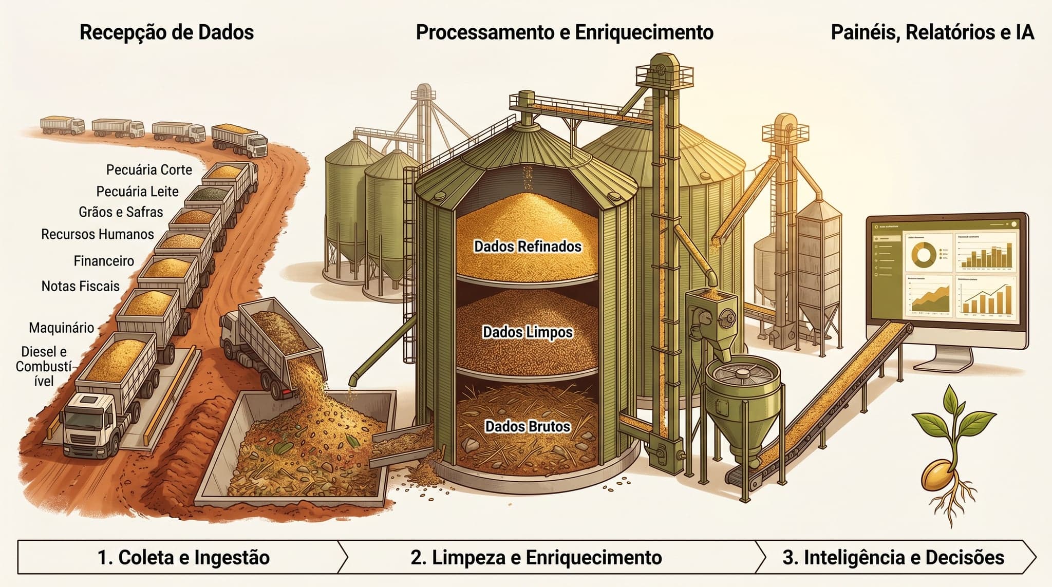 Ilustração do pipeline de dados DPWAI: caminhões entregando dados brutos (pecuária, safras, financeiro, maquinário) para silos de processamento que os limpam e refinam, conectando a painéis e relatórios com IA
